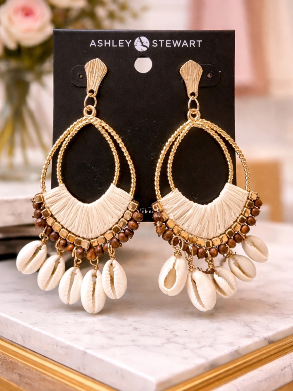 Ashley Stewart Gold-Tone Shell & Bead Drop Earrings